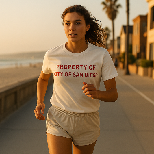Property Of City Of San Diego Off White Tee Modeled
